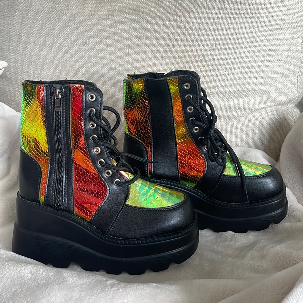 Holographic rave chunky platform boots